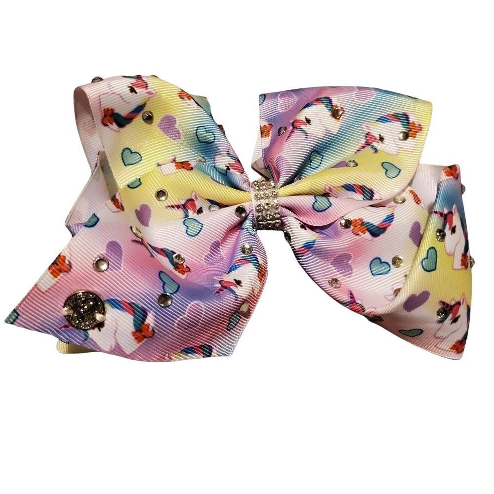 Girls Pink & Yellow Unicorn Rhinestone Bow